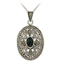   Rocks Sterling Silver Marcasite and Onyx Oval Locket  