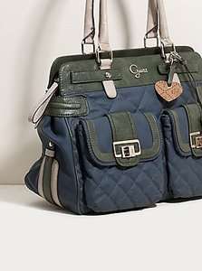NWT GUESS Groovy XL East/West Satchel Blue Multi quilted vinyl ext 