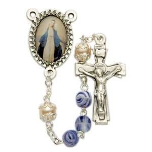  6mm Blue Glass Beads and Miraculous Photo Center Rosary 