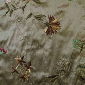  Silk Shantung Small Flowers Embroidery Fabric Old Gold 
