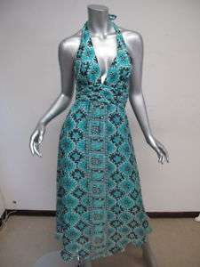 Milly Dress: Aqua/White/Teal Print Silk Halter sz 4  