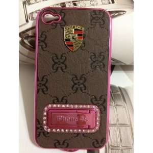 Luxury Designer Brown Leather with pink/purple trim Hard Back Iphone 4 