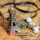 White Beads Vintage Long Bronze Eiffel Tower Necklace
