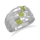   Sterling Silver Three Row Peridot and Polished Band Ring   Size 6