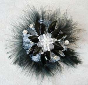   and White Flower with Black Feather Pin/Brooch for Hat, Purse or Coat