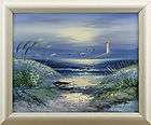 Oil Painting Signed Engel Lighthouse Beach Framed  