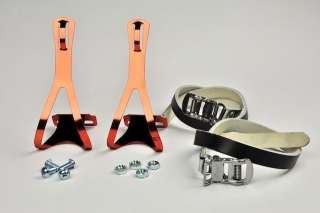BRAND NEW BIKE PEDAL COLOR STEEL TOE CLIPS & LEATHER STRAPS SET 