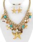 Gold Tone Starfish Sea Life Turquoise Stone Charm Necklace Set
