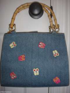 New DENIM Embroidered FLIP FLOPS Bucket PURSE Handbag  
