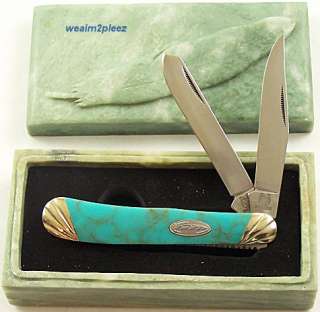 ROUGH RIDER Turquoise TRAPPER Knife Jade Box #694 New Pocket Handles 