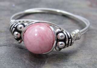 Rhodochrosite Bali Sterling Silver Wire Wrapped Bead Ring ANY size