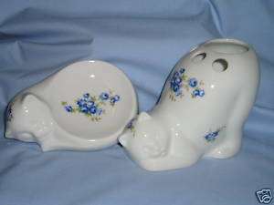 Cat Soap Dish/Toothbrush Holder Blue Fired Decal White  