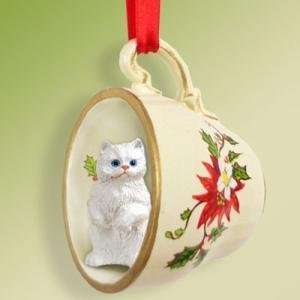  Persian White Cat Ornament Christmas Ornament Cup of Tea 