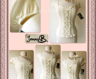 NEW Cream Victorian Style Lace Up Lace Trim Peasant BOHO Knit Shirt 