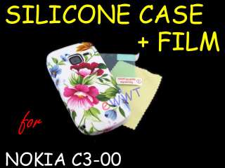 Cover Printed White x Green Silicone Back Soft Case+Film for Nokia C3 