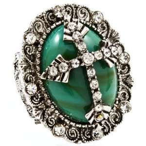 Gothic Victorian Green Stone with Crystal Cross Fashion Ring