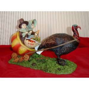 Turkey Pulling Pumpkin Carriage Figurine Thanksgiving  