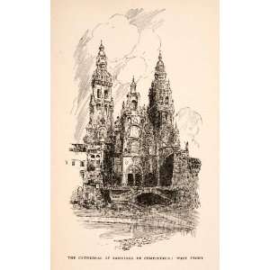  1912 Wood Engraving Cathedral Santiago Compostela Church 