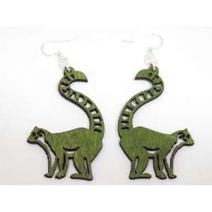  Apple Green Ring Tailed Lemur Wooden Earrings: GTJ 