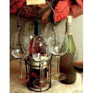  Metal Wine Caddy with Etched Glasses