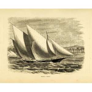 1857 Wood Engraving Multihull Sailing Vessel Sailboat Malay MC Perry 