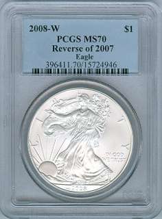 2008 W MS70 REVERSE OF 2007 SILVER EAGLE PCGS MS 70  