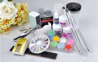 Acrylic Powder Liquid UV Primer Glitte Nail Art Tips File Set Brush 
