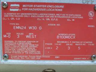 CROUSE HINDS EXPLOSION PROOF MOTOR STARTER B100M0C  