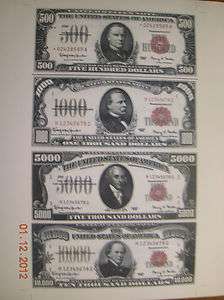   Currency 1966 Red $500 $1000 $5,000 $10,000 Uncut Sheet US Paper Money
