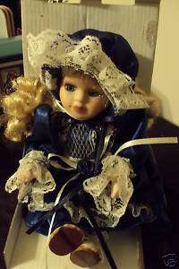 Vintage Porcelain Doll Soft Body Lace Blue Satin Dress  