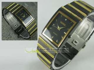 Elegant Golden Black Stainless Steel Mens Square Quartz Wrist Watch 