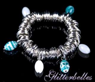 Chunky Silver Multi Link Blue & White Bead Stretch Charm Bracelet