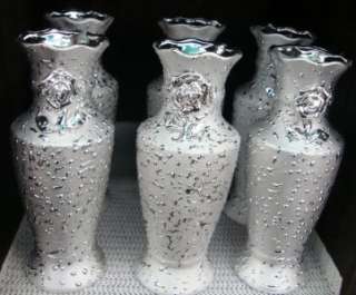   OF 6 (7.75 TALL) METAL SILVER TONED FLOWER VASES WITH 3 D ROSE DESIGN