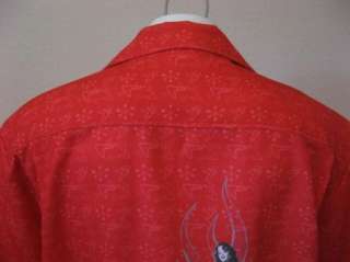   50s Atomic Red Boomerang Print Lady Luck Pinup Flames Bowling Shirt XL