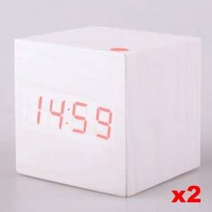  2x Modern Red LED White Wood USB Cube Alarm Clock: Home & Kitchen