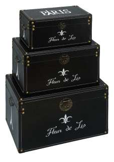 Embossed Paris Fleur De Lis Leather And Wood Storage Trunk Set/3 