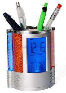 Desktop LED Light Alarm Clock Pen Holder Calendar Temp.  
