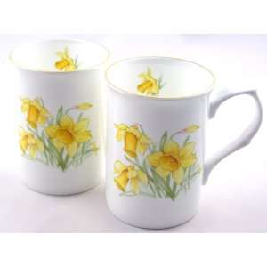 Pair Fine English Bone China Mugs   Daffodil Chintz 