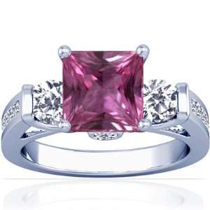   White Gold Princess Cut Pink Sapphire Ring With Sidestones Jewelry