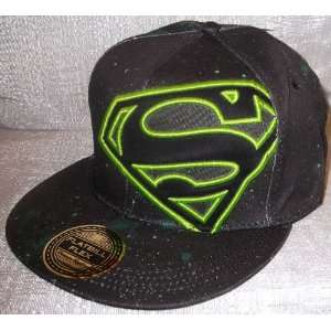 DC Comics SUPERMAN Flat Bill Neon Green S Logo Black Baseball Cap HAT