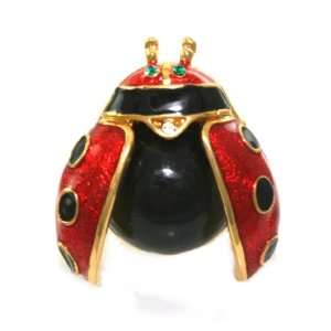 Tall Red and Black Enamel Ladybug Pin/Broach/Pendant with Crystal 