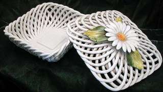 woven porcelain basket trinket dish italian 1960s large daisy motif
