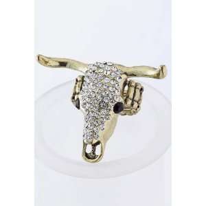   Gold Tone Rhinestone Studded Longhorn Skull Stretch Ring Everything