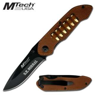 NEW 3.25 Mtech Leather Bullet Holster Design Folding Knife w/ Pocket 