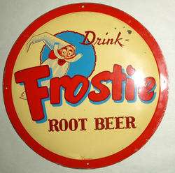 Vintage Frostie Root Beer Sign Button Soda Ad Tin Metal  