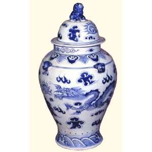   porcelain jar, blue & white dragon design with lion li
