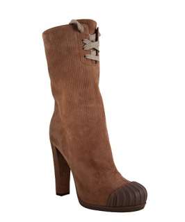 Fendi camel ribbed suede rubber toe lace up boots