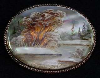Russian Brooch Hand Painted over Mother of Pearl #0801 LANDSCAPE 