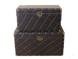 Black Faux Leather Wood Storage Trunk Wooden Chest Set  