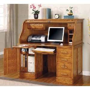   Oak Finish Roll Top Desk Coaster Home Office Desks: Furniture & Decor
